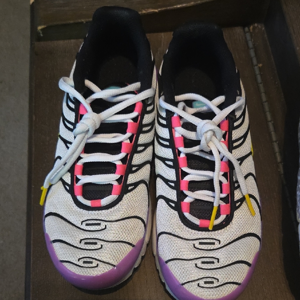 Nike Kids Sneakers in White, Pink, and Purple with Yellow Accents